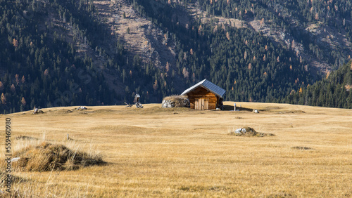 Fotografia Remote mountain hut on a dry and brown mountain pasture in the Dolomites