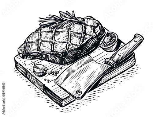 Grilled beef veal steak and knife cleaver on wooden cutting board. Grill food, engraved sketch vector illustration