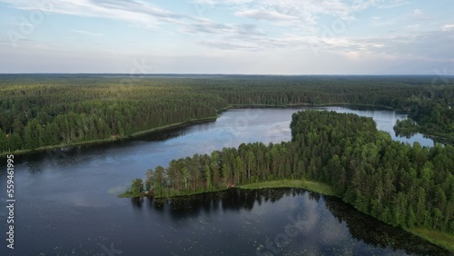 Fototapeta Naklejka Na Ścianę i Meble -  Amazing panoramic view of the lakes in the forest! The view from the drone. 
