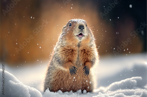 Cute groundhog in winter. Generative ai. photo