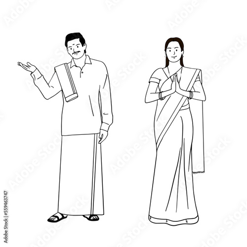 South Indian couple outline vector isolated for Pongal and Onam.