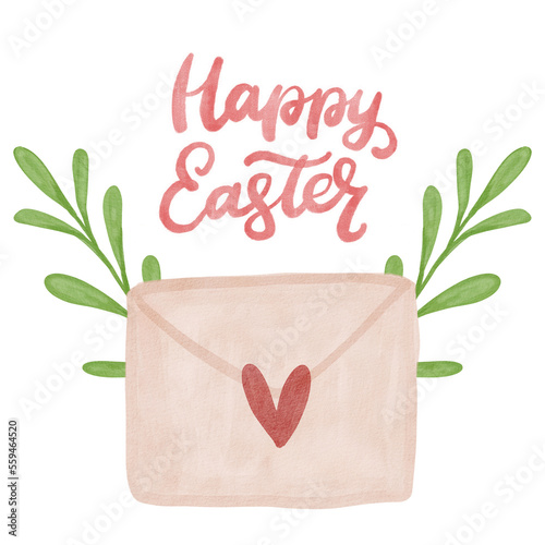 Happy Easter phrae with punk envelope. Spring watercolor hand painted illustration. Watercolor clipart photo