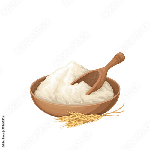Wheat flour in bowl vector illustration. Cartoon wooden spoon in plate with pile of white flour and ears of grain, food ingredient and cereal product for baking bread in bakery and cooking pasta