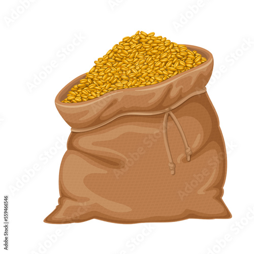 Bag with wheat grain vector illustration. Cartoon open heavy burlap sack with whole barley pile or dry cereal seeds for making bread or beer, packaging full of grains, agricultural organic crop