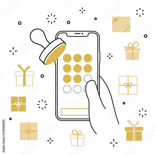 手に持ったスマートフォンのアプリ スタンプカード プレゼントのアイコンセット