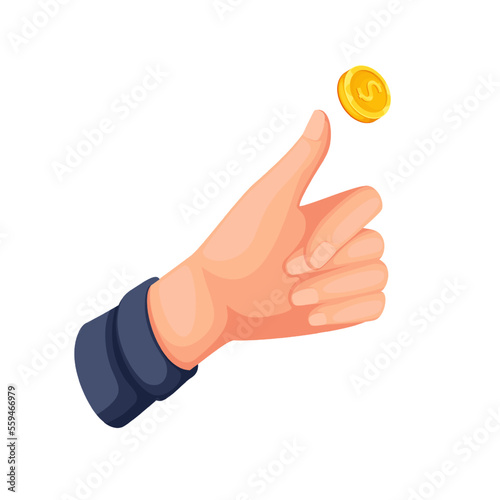Hand tossing gold coin vector illustration. Cartoon fingers of man throw coin with dollar sign into air, toss and catch falling cash money with joy, financial freedom, luck and success of person photo