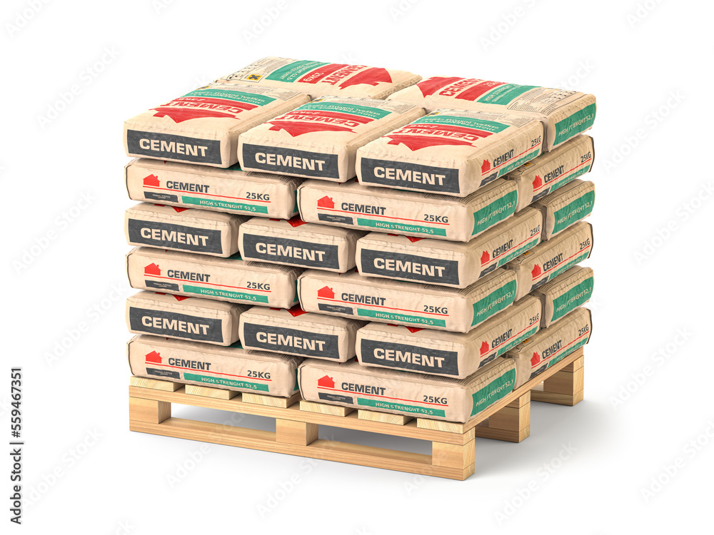 Cement bags stack on pallet isolated on white. - obrazy, fototapety, plakaty 