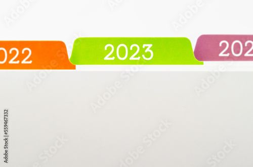 A File folders with selective focus a tab labeled 2023.