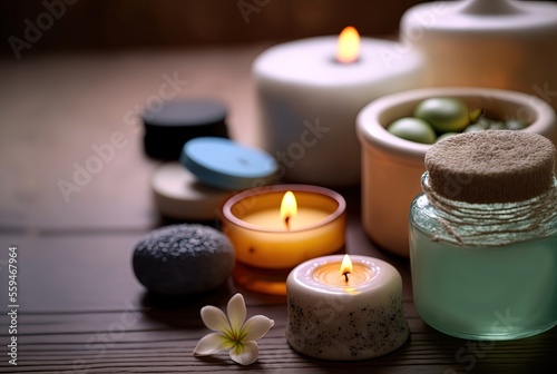 illustration of spa skin care product on wooden table with candle light