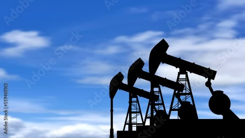 Three working oil pump on blue blur sky background. Crued oil animation.