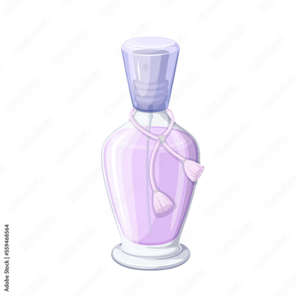 Perfume bottle vector illustration. Cartoon clear glass vial full of lilac perfume liquid, tassels on string decoration and violet cap, cosmetic flask with luxury fragrance of cologne and reflection Perfume bottle vector illustration. Cartoon clear glass vial full of lilac perfume liquid, tassels on string decoration and violet cap, cosmetic flask with luxury fragrance of cologne and reflection