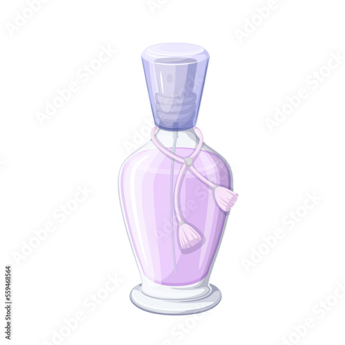 Perfume bottle vector illustration. Cartoon clear glass vial full of lilac perfume liquid, tassels on string decoration and violet cap, cosmetic flask with luxury fragrance of cologne and reflection