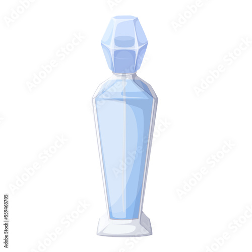 Perfume bottle vector illustration. Cartoon clear glass flask with spray and blue perfume fluid, cologne or water with luxury fragrance, male fashion gift and perfumery product in cosmetic packaging