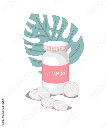 Vitamins and supplements pills, Jar with several tablets, dietary supplements and sports nutrition, flat vector illustration isolated on white background.