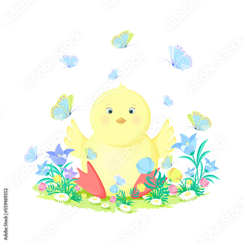 A cute little yellow chicken is sitting in bright wildflowers and butterflies are flying around. Vector illustration isolated on a white background. The concept of the Easter holiday, birthday
