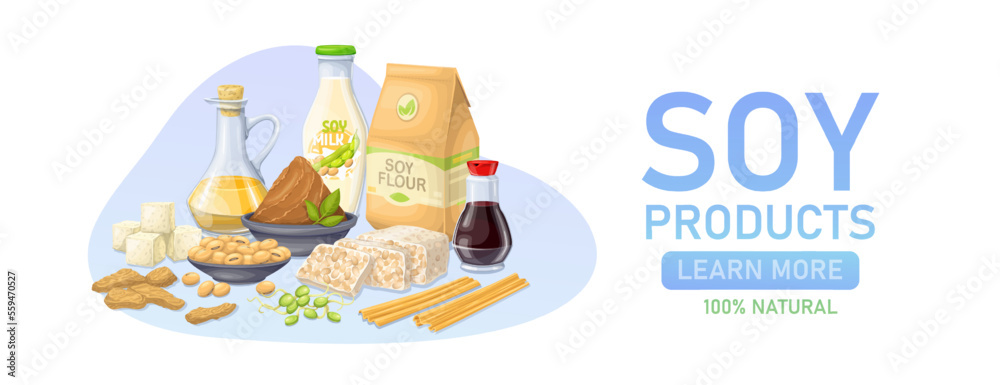 Soy food products design template vector illustration. Cartoon vegetarian milk and oil in bottle, tempeh and tofu, soybeans in bowl, natural soy ingredients for Asian cuisine in advertising banner