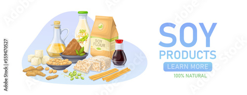 Soy food products design template vector illustration. Cartoon vegetarian milk and oil in bottle, tempeh and tofu, soybeans in bowl, natural soy ingredients for Asian cuisine in advertising banner