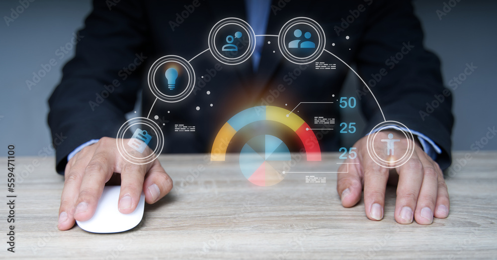 Businessman using mouse click to user interface UX UI futuristic ...