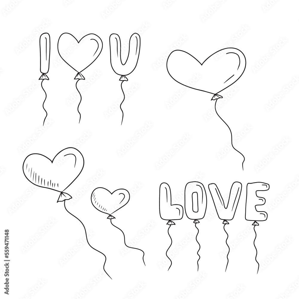 Lovely flying balloons in heart shape letters I LOVE YOU in black isolated on white background. Hand drawn vector sketch illustration in doodle engraved vintage outline style. Valentines day surprise