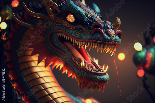 Chinese dragon head and flashlight , Chinese new year art, traditional illustration © Art Gallery