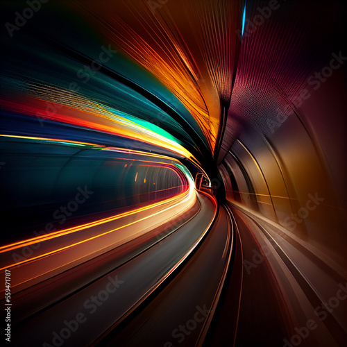 Speed Concept. High Speed Motion Blur. Fast Moving Stripe Lines with Glowing Light Flare. City Tunnel. Neon Glowing Rays in Motion. Generative AI Art.