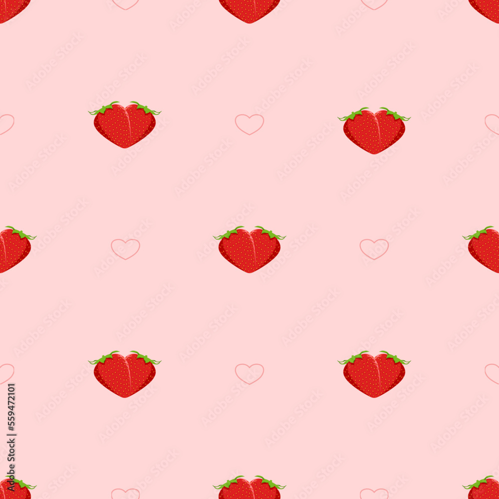 Endless pattern with hearts and heart shaped strawberries. Pink background with symbols of freshness, love and romance for Valentine's or Mother's Day. Endless pattern with hearts and heart shaped strawberries. Pink background with symbols of freshness, love and romance for Valentine's or Mother's Day.