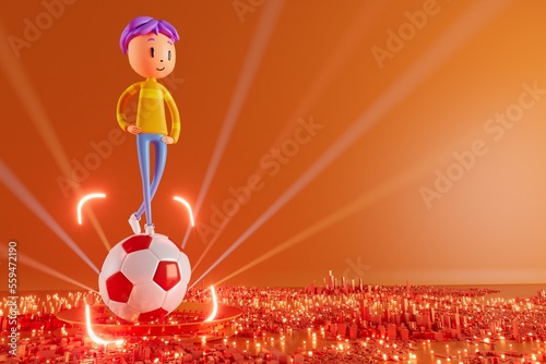 action cartoon 3d character. boy in sports action. 3d illustrator. colorful human design. happy face. sport object rendering. fitness activity. health concept. copy space background. soccer ball