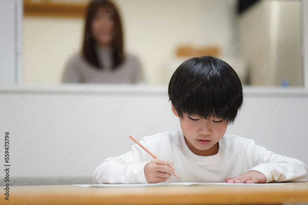 勉強する男の子と母親 勉強する男の子と母親