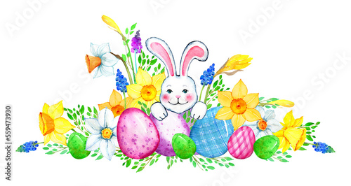 Cute Easter eggs and bunny hand painted in watercolor. Cartoon colorful spring elements isolated on white. Easter decoration, greeting, card, stickers, sublimation, invitation