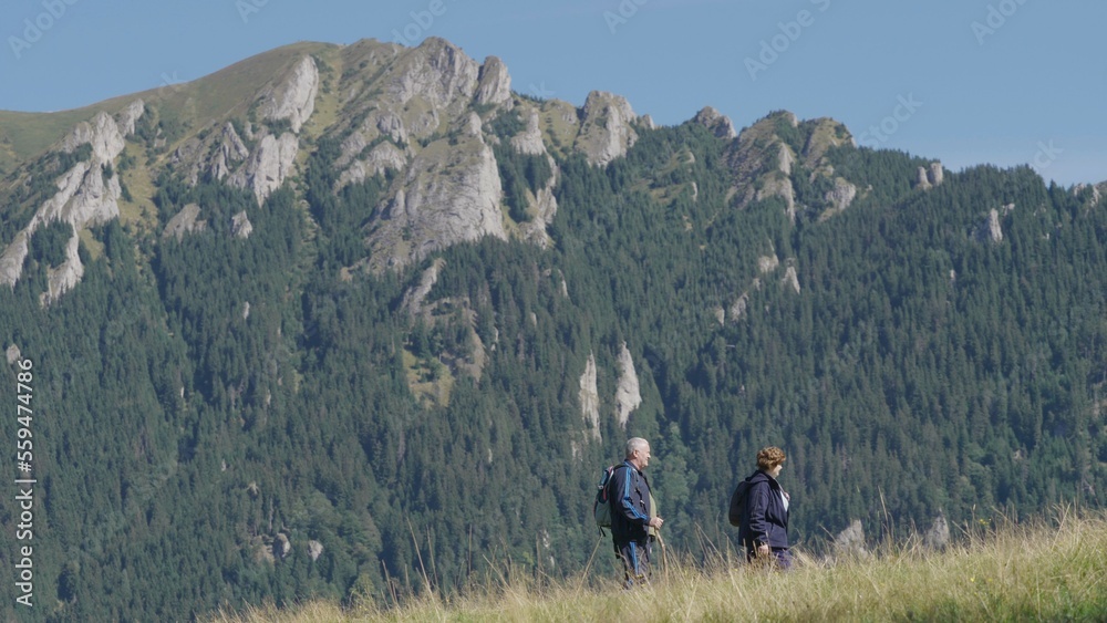 Fototapeta premium Couple of old woman and man walk together, hiking in mountains