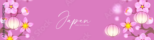 Japanese design with shining lanterns and sakura blossom. Asian background.