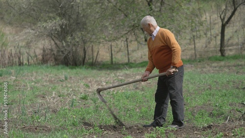 Old farmer weeding soil with hoe, hard work activity