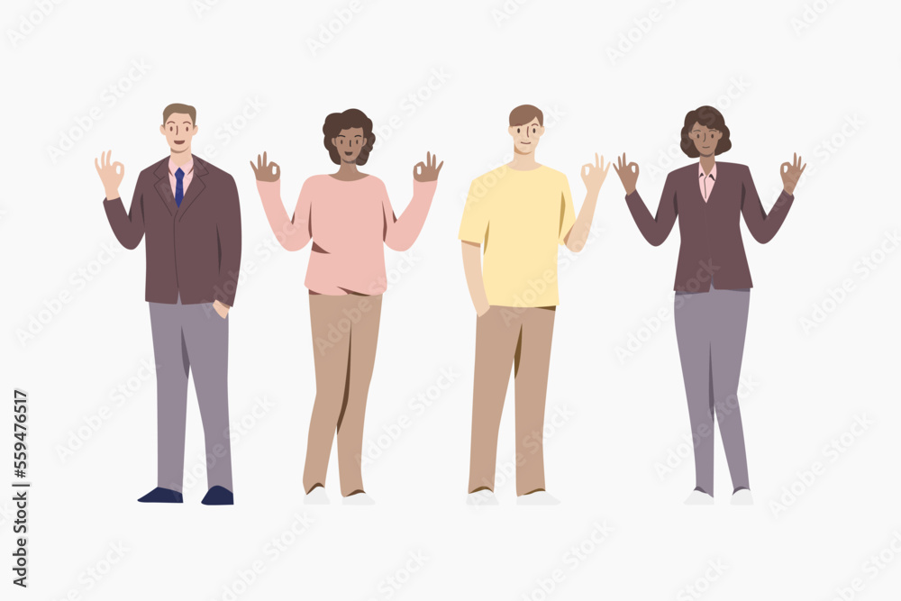 Obraz premium Set of people showing OK sign.Happy people gesturing.Happiness Emotions, Body Language. People Showing Positive Gestures.Vector character illustration.