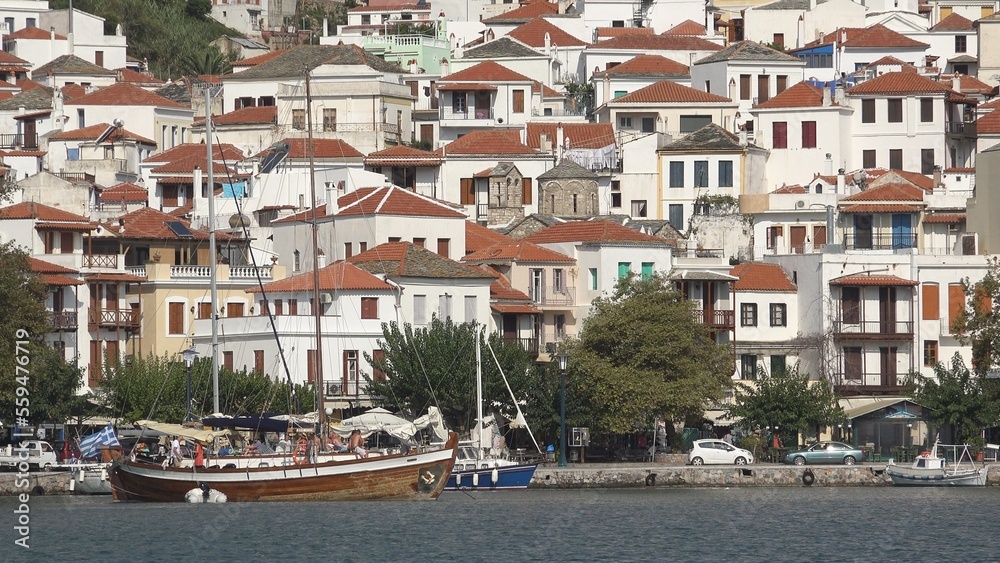 Beautiful Greece town of Skopelos harbor landmark