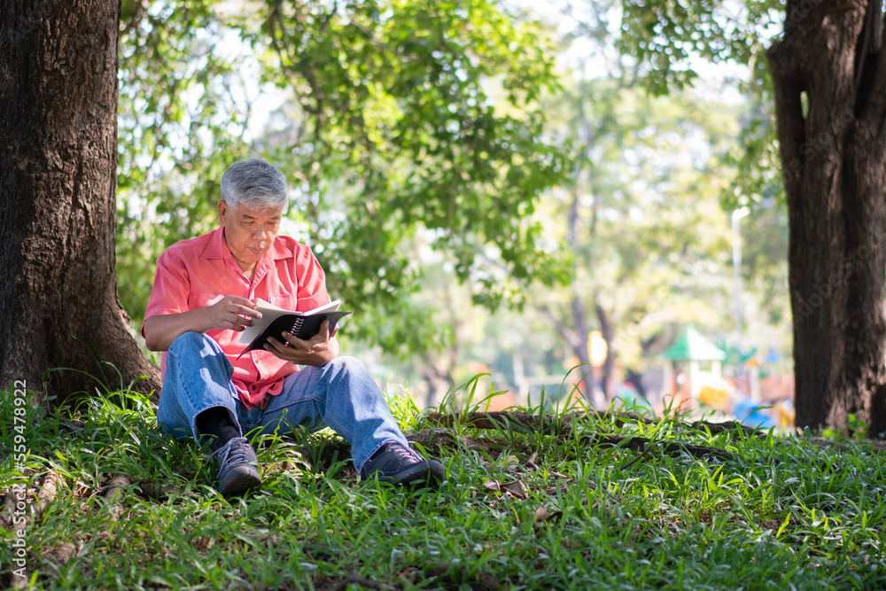 Happy Asian old senior man with gray hair reading book outside in park. Concept of happy elderly man after retirement and good health Happy Asian old senior man with gray hair reading book outside in park. Concept of happy elderly man after retirement and good health