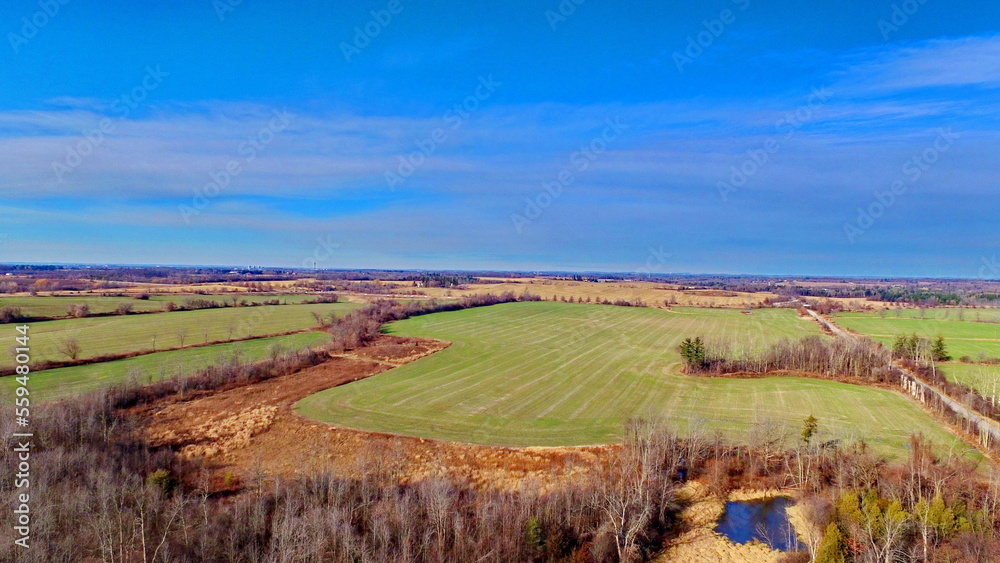 Aerial view of farmland in the Duffins Rouge Agricultural Preserve in the Greenbelt, Durham County, Ontario, Canada.