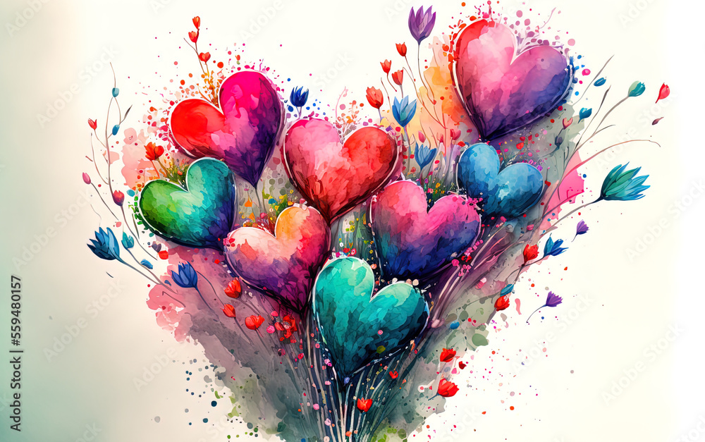 Valentine's day art. Technicolor flowers. Watercolor. Generative AI.

