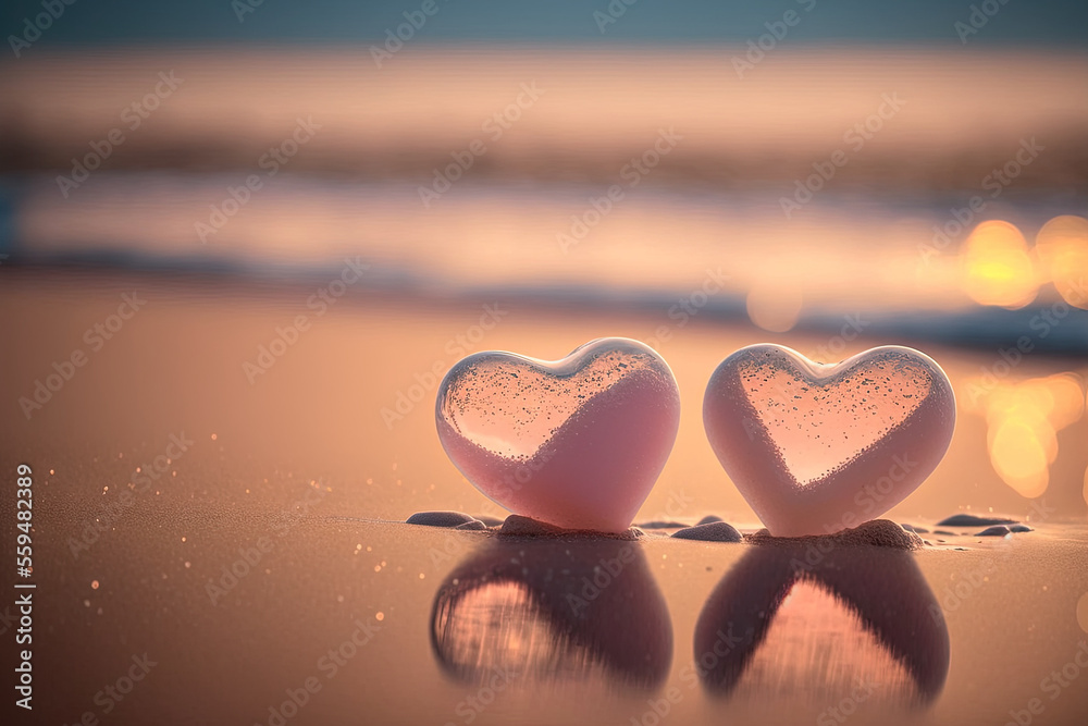 Fototapeta premium Two pink heart on sunset beach with bokeh light background. Love valentine and nature concept. Generative AI