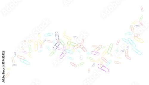 Paper clips are scattered on a white background. Decorative element. Background for design, school and office supplies