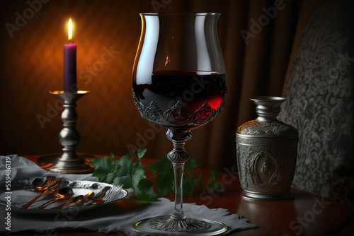 A glass of red wine placed on the wooden table with candle lighting as background. Generative Ai image.