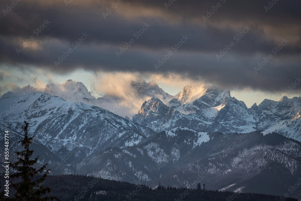 Winter landscape of Tatra Mountains at sunrise. Poland