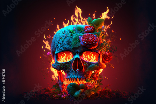 Scary love  Human skull and roses with fire flames Illustration for Valentine s Day or halloween  Generative AI.