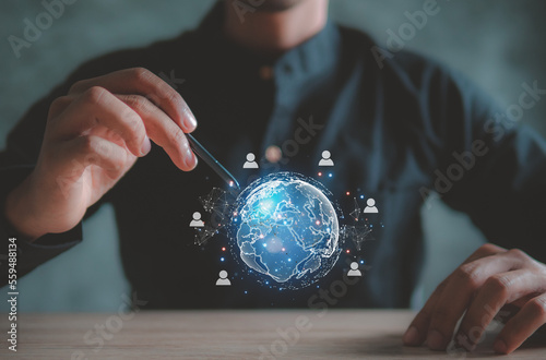 Global structure networking and data exchanges customer connection. Concept of networking or remote work. Global business network.Social networking scheme.
