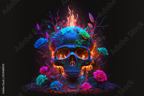 Scary love  Human skull and roses with fire flames Illustration for Valentine s Day or halloween  Generative AI.