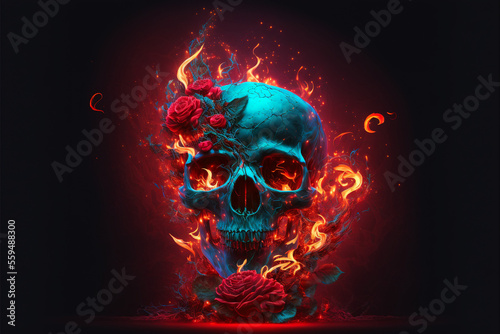 Scary love, Human skull and roses with fire flames Illustration for Valentine's Day or halloween, Generative AI.
