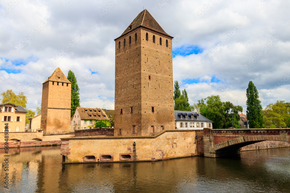 View on medieval bridge Ponts Couverts over the  River Ill in Strasbourg, Alsace, France