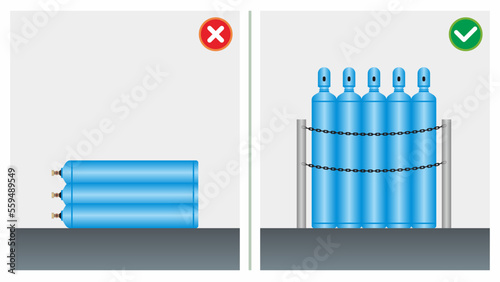 Workplace safety do's and dont's vector illustration. Improper cylinder handling. Compressed gas tube should be stand and tied properly. Unsafe work condition.
