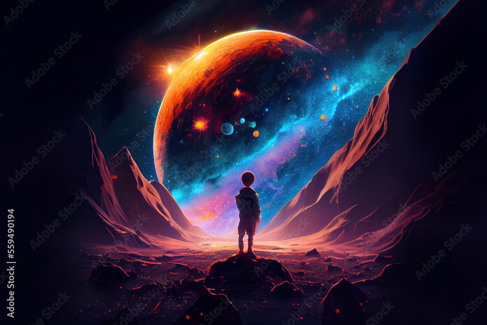 little boy observes a colorful galaxy in the sky. Generative Ai