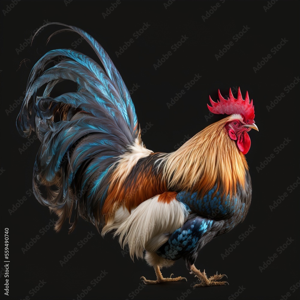 Fototapeta premium Colorful beautiful rooster with fantasy coloring, generative AI, chicken hen, bird, farm