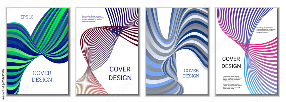 A set of 4 abstract covers. Wavy parallel gradient lines, ribbons evolve. Cover design, background. Trendy banner, poster. A set of 4 abstract covers. Wavy parallel gradient lines, ribbons evolve. Cover design, background. Trendy banner, poster.